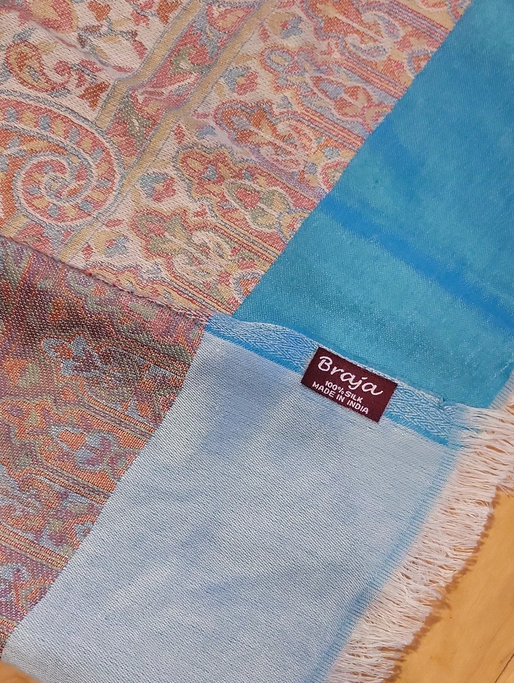 Vintage Teal Paisley Fringe Scarf Wrap 100% Silk India